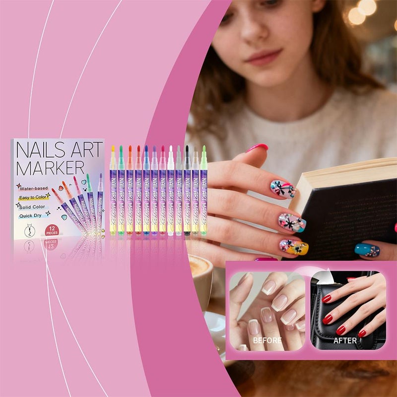 12 Colors Nail Art Pens Set,Professional Nail Art Markers for 3D Drawing Dotting Painting, DIY Quick Dry Graffiti Dotting Point Liner Pens, 3D Nails Polish Pen for Painting,Nails Design Tools Kit - Image 3